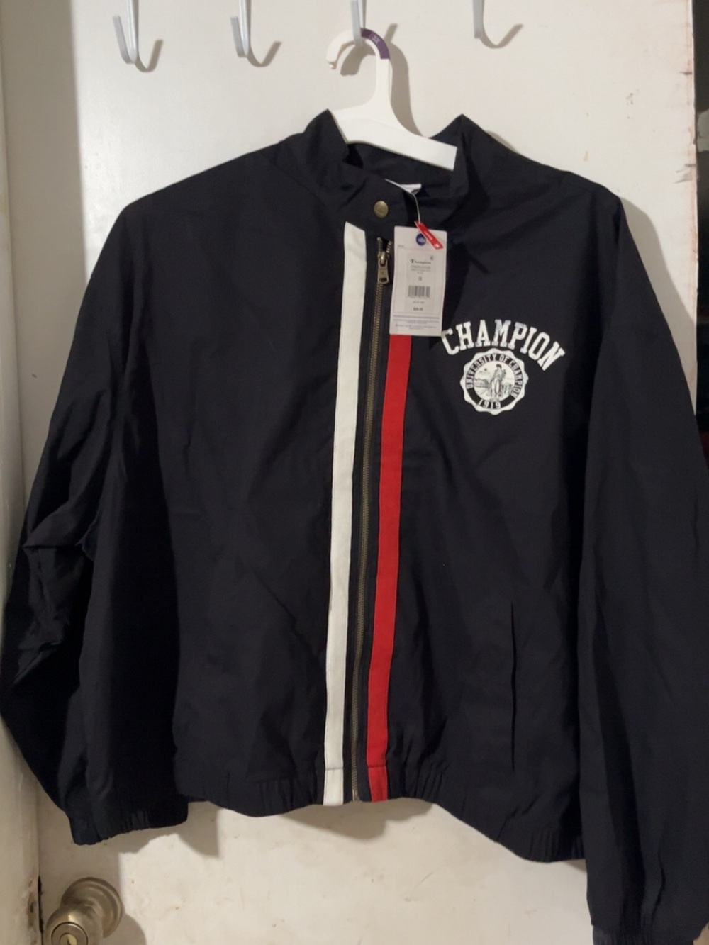 Champion Black Windbreaker with Red & White Center Stripes